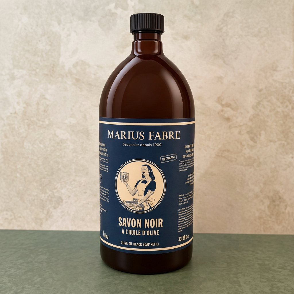 Marius Fabre olive oil black soap bottle on a beige and green background