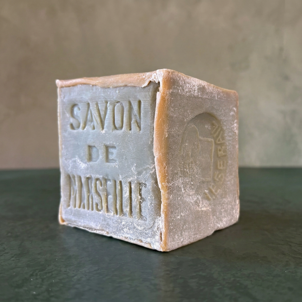 Le Serail Marseille household soap cube on a green tabletop with a beige background